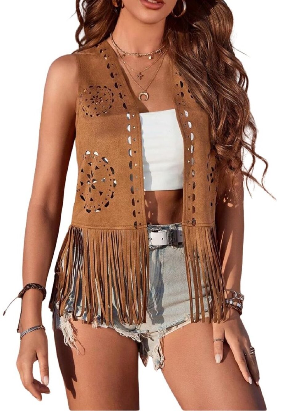 Women's Fringe Vest 60s 70s Hippie Vest Open Front Sleeveless Cardigan Cowgirl